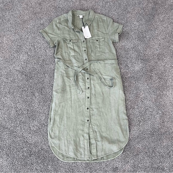 NWT Lucky Brand Green Linen Blend Button Front Shirt Dress Belted Women’s Size L - Picture 2 of 11